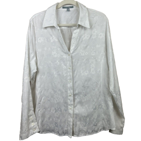 Foxcroft White Fitted Button Down Blouse Plus 18 Floral Damask Minimalist Staple - Picture 1 of 8
